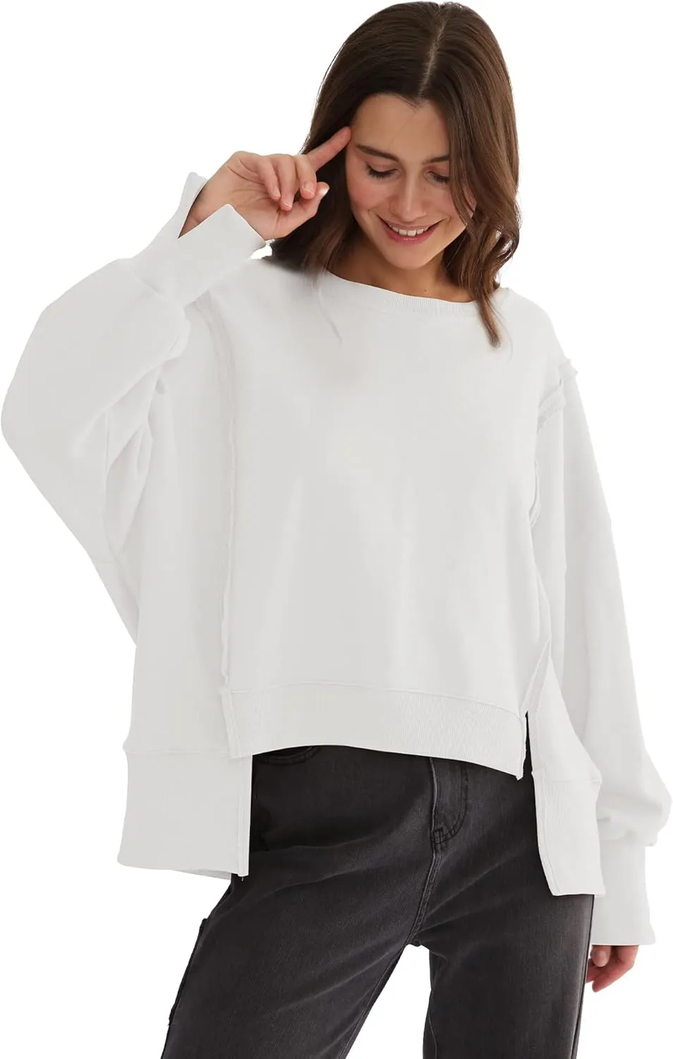 Xintianji Women's Casual Solid Oversized Contrast High Low Hem Patchwork Sweatshirts Crew Neck Side Split Streetwear
