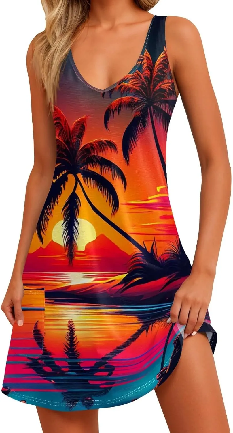 Y2k Clothes,Summer Dresses for Women 2024 with Pockets Trendy Vacation Sundresses Women's Casual Dresses Beach Cover Ups Elegant Floral Boho Printed Mini Tank Dress Hawaiian Dress Resort(Bf-Red,XXL)