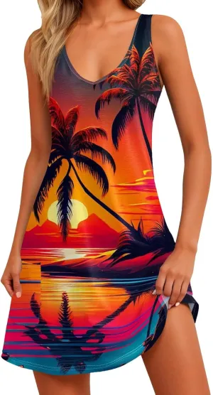 Y2k Clothes,Summer Dresses for Women 2024 with Pockets Trendy Vacation Sundresses Women's Casual Dresses Beach Cover Ups Elegant Floral Boho Printed Mini Tank Dress Hawaiian Dress Resort(Bf-Red,XXL)