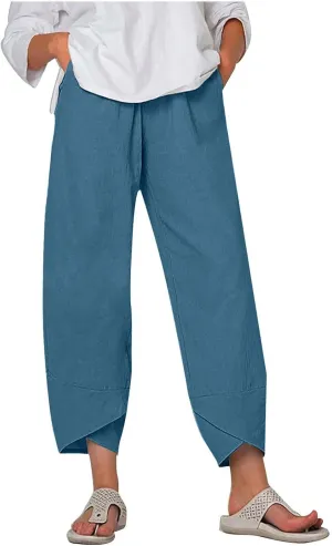 ZDRZK Capri Linen Pants Women Summer Casual High Waist Wide Leg Cropped Pant Loose Fit Beach Pant Trousers Plus Size
